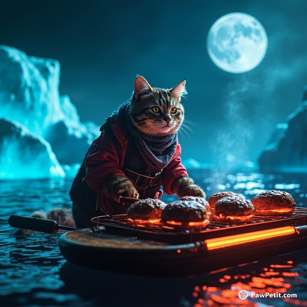 A gangster cat grilling cheeseburgers on a floating barbecue grill, beneath neon icebergs in the moonlit Arctic.