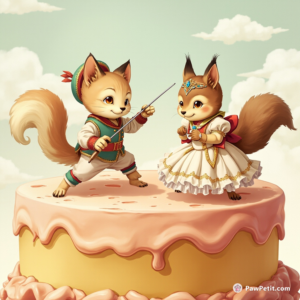 Cat expertly fencing with a squirrel in rococo attire atop a melting patisserie tower.