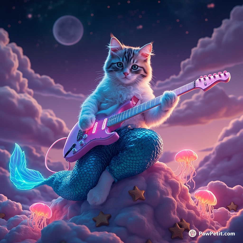 Mermaid cat playing an electric guitar powered with neon jellyfish atop a marshmallow mountain under a constellation cheese sky.