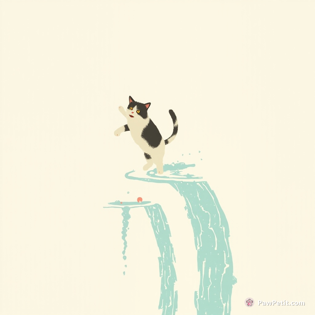 The cat playfully leaps through digital waterfalls, creating ripples of color in the virtual realm.
