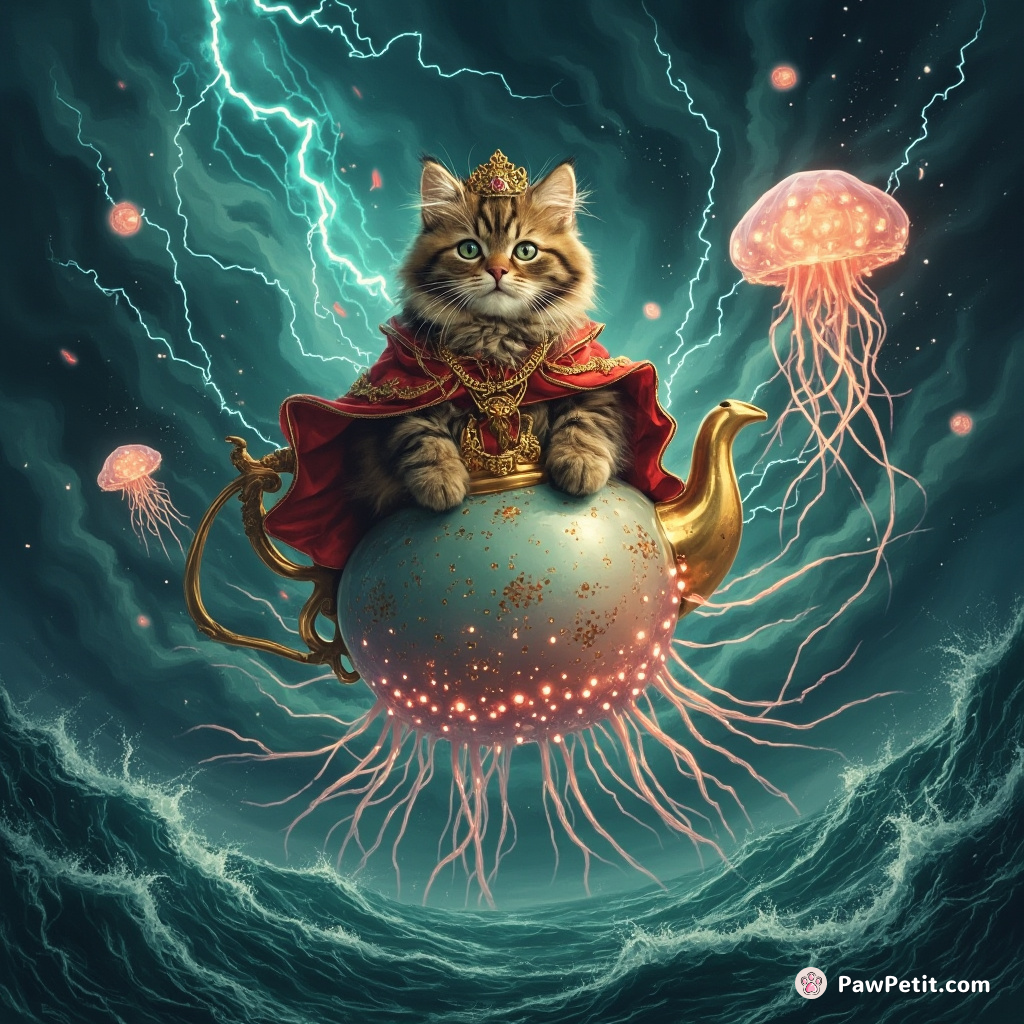 A royal Persian cat riding an electric jellyfish in a stormy teapot sea.