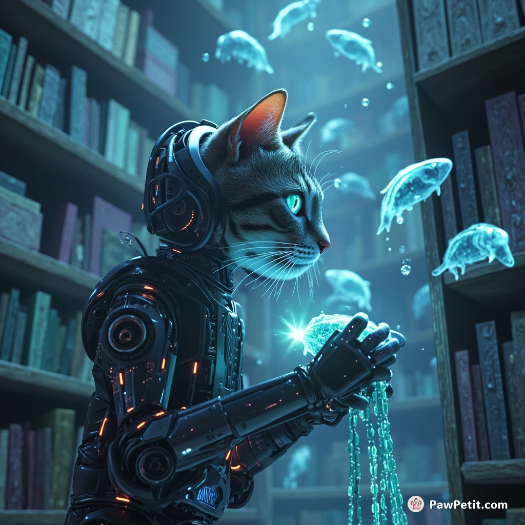 Cybernetic cat unraveling the mysteries of binary code in a mystified library composed entirely of crystallized fish.