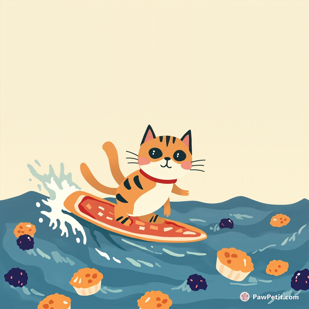 Surfing cat riding a pizza slice wave in a sea made of blueberry muffins.