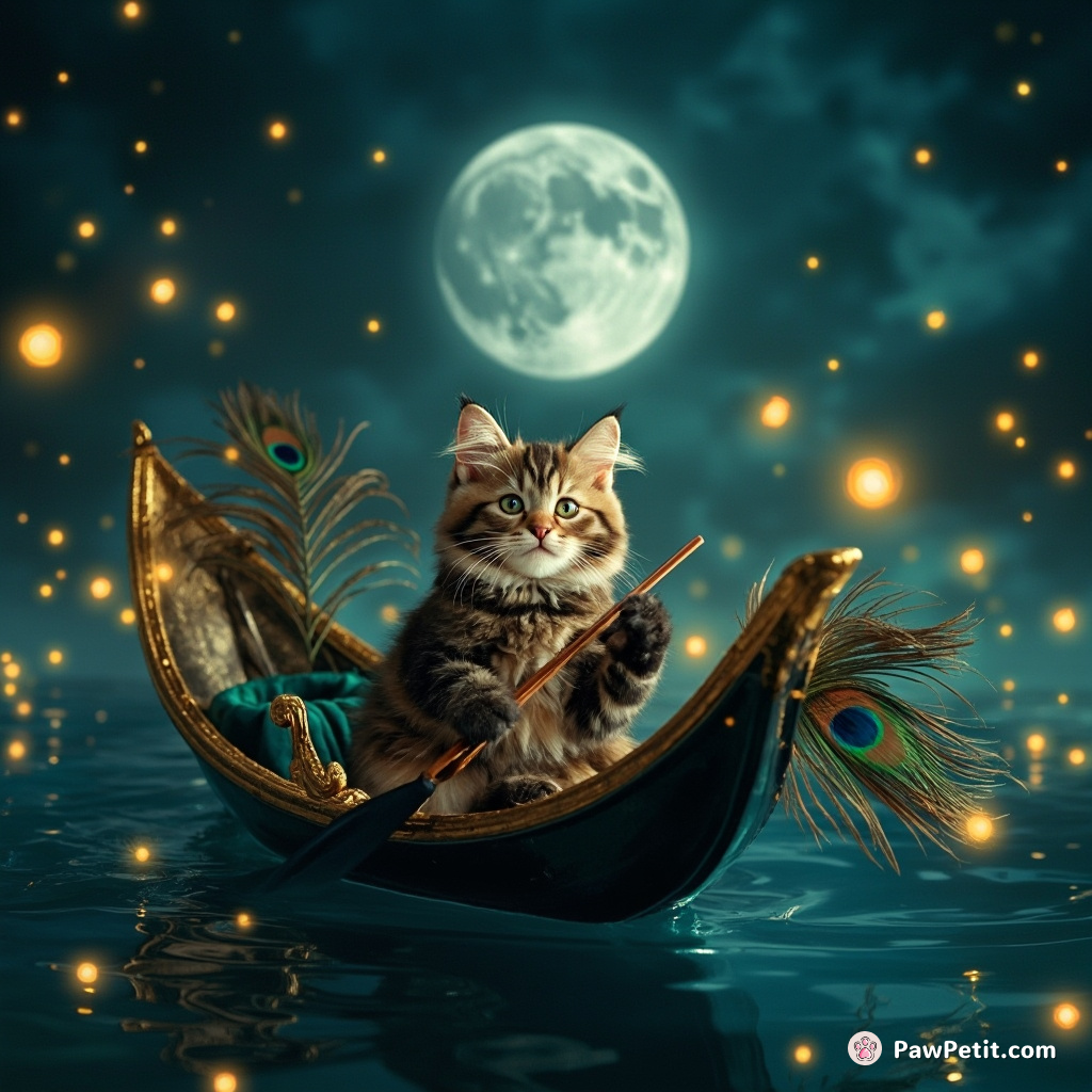 A cat conducting a symphony of fireflies while floating on a peacock-feather gondola in a sparkling moonlit lagoon.