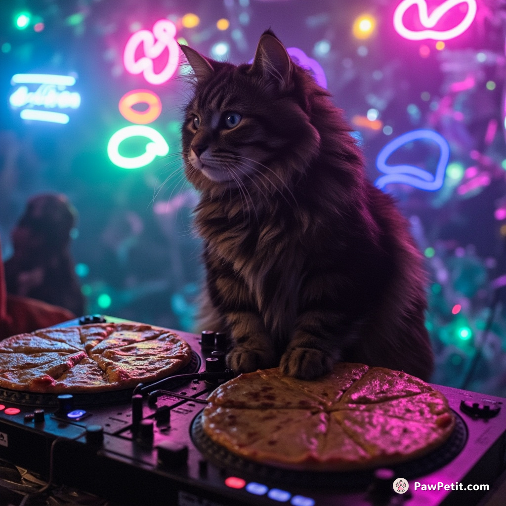 A cat DJing on turntables made of pizza slices at a disco under the sea.