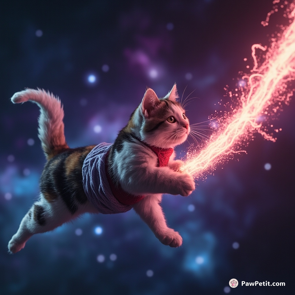 A calico cat riding a neon comet through a galaxy made of yarn.