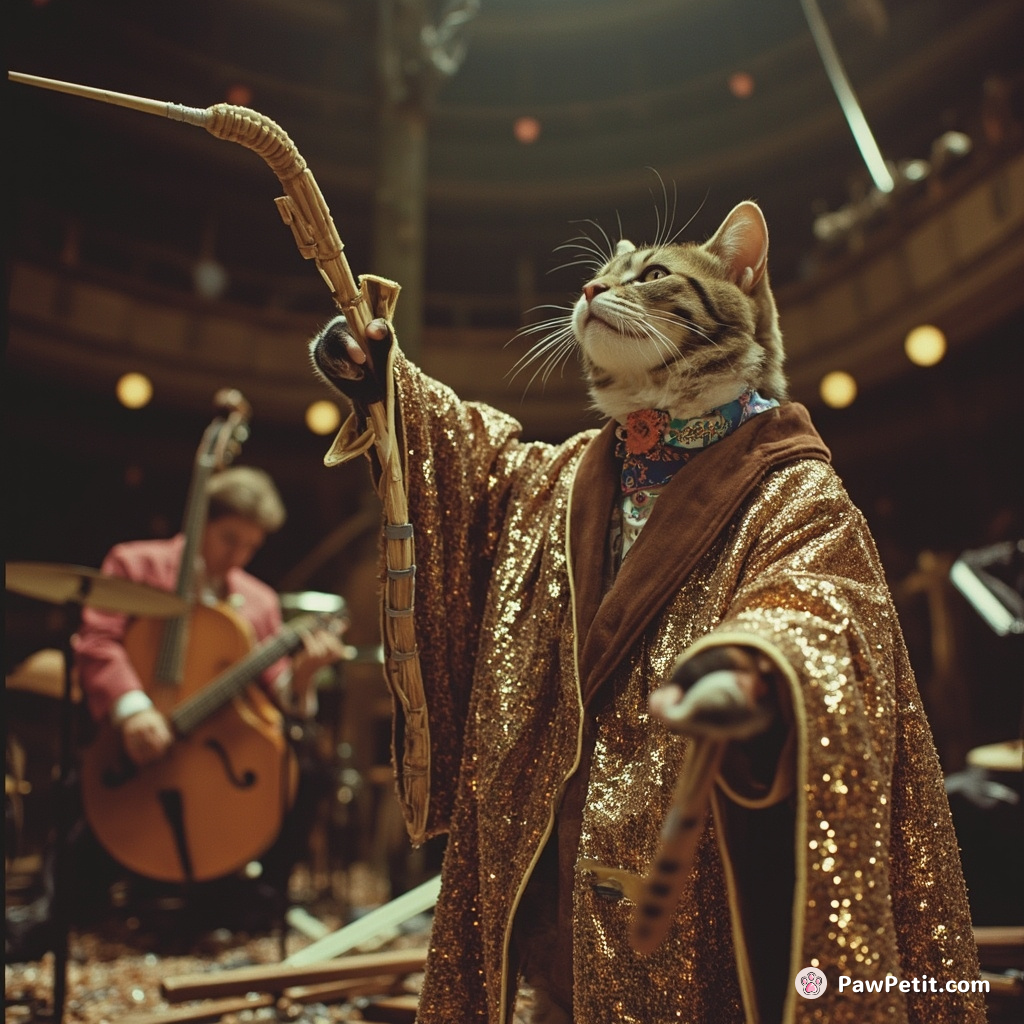 A stripey tabby cat wearing a liberace-inspired sequin robe, dramatically conducting a fishbone orchestra on the abandoned set of Titanic.