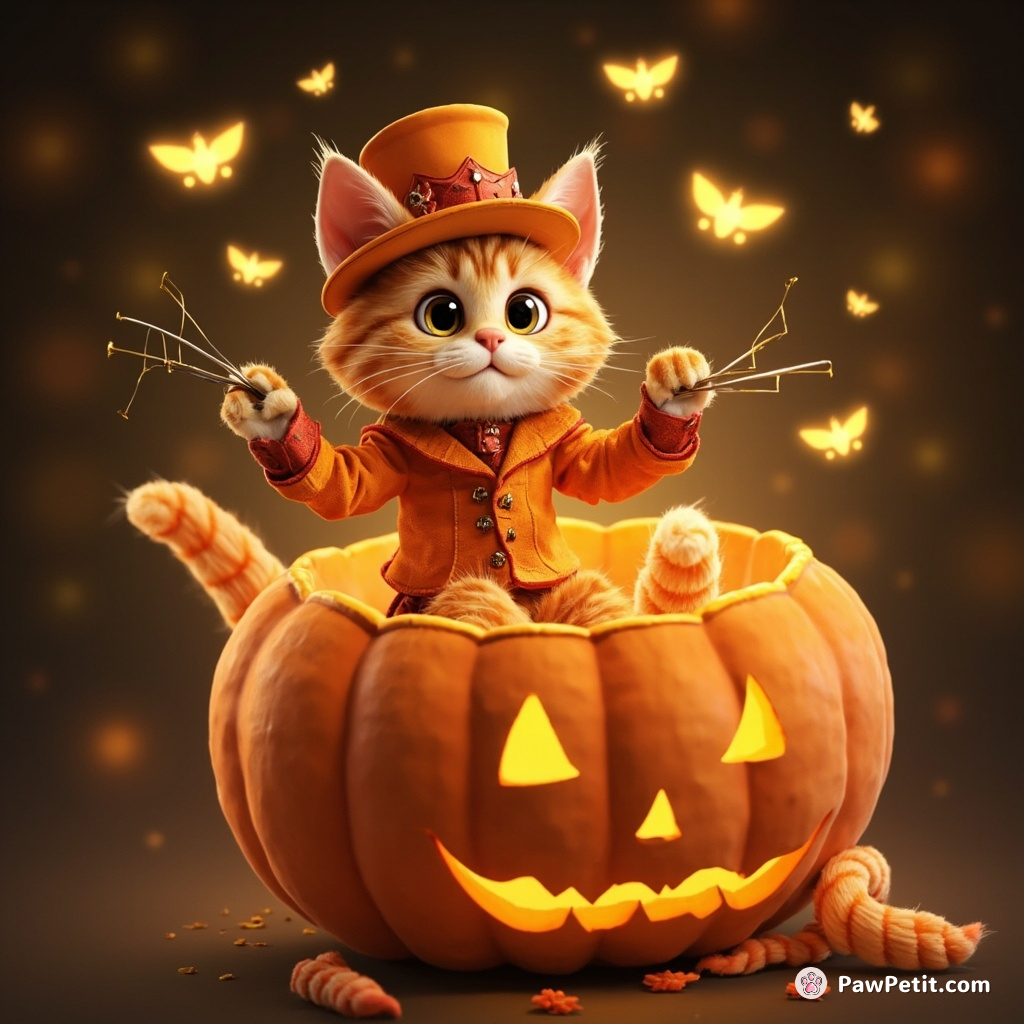 A waddling, orange tabby cat clothed in a tangerine ringmaster suit, conducting an orchestra of fireflies inside a hollowed-out pumpkin.