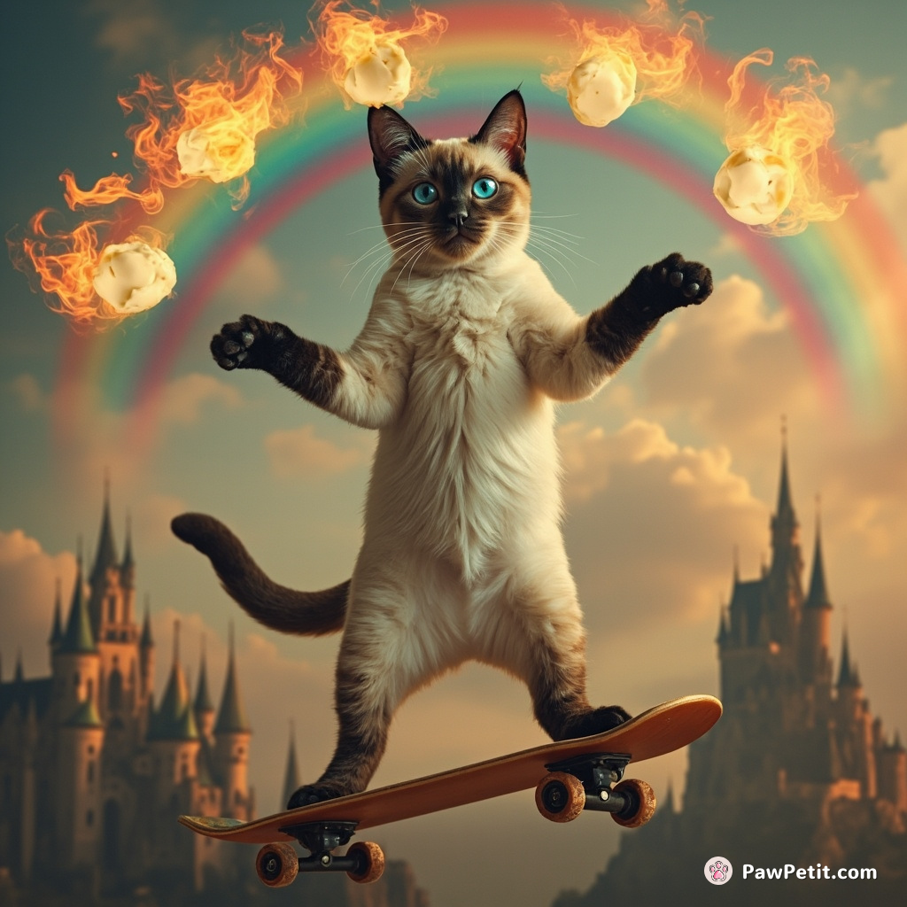 Cat juggling fiery mozzarella balls while hoverboarding on a rainbow over a medieval castle.