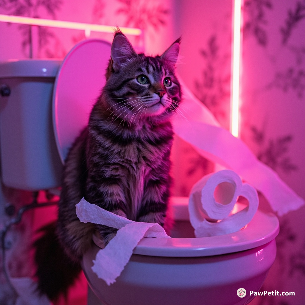Cheeky cat, trying to flush like humans, accidentally unleashes a toilet paper apocalypse throughout the house.