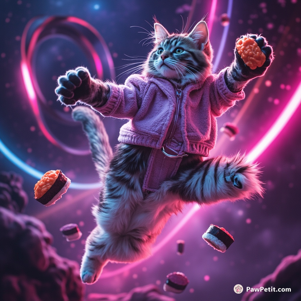 Cat engaged in a zero-gravity ballet with neon sushi in a psychedelic galaxy.