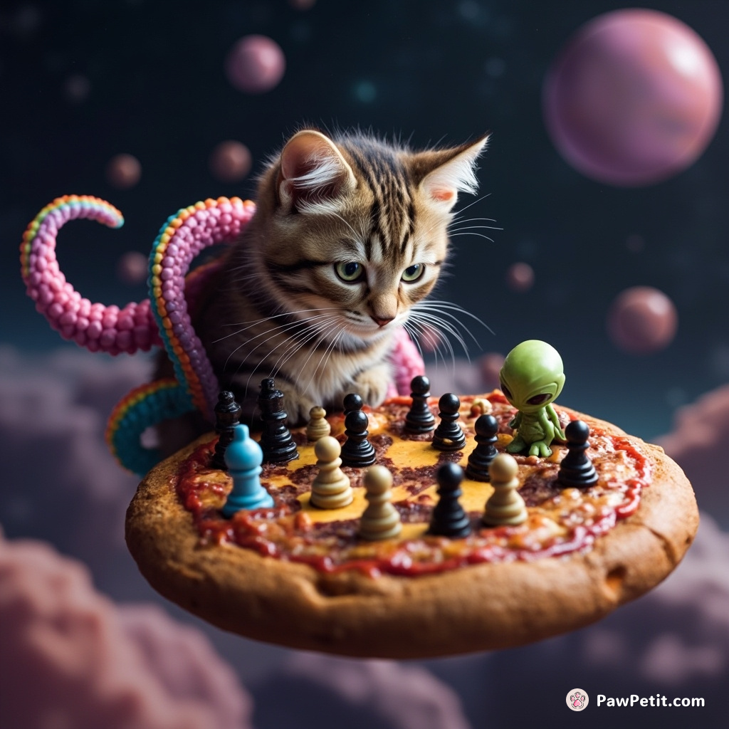 Cat with rainbow-colored tentacles playing chess against a tiny alien on top of a floating pizza in space.