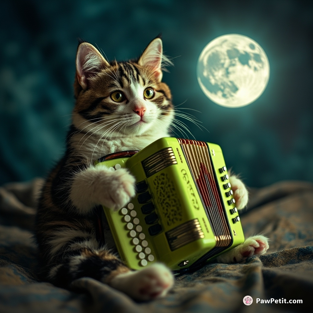 A calico cat using a lime-green accordion to compose music on the moon.