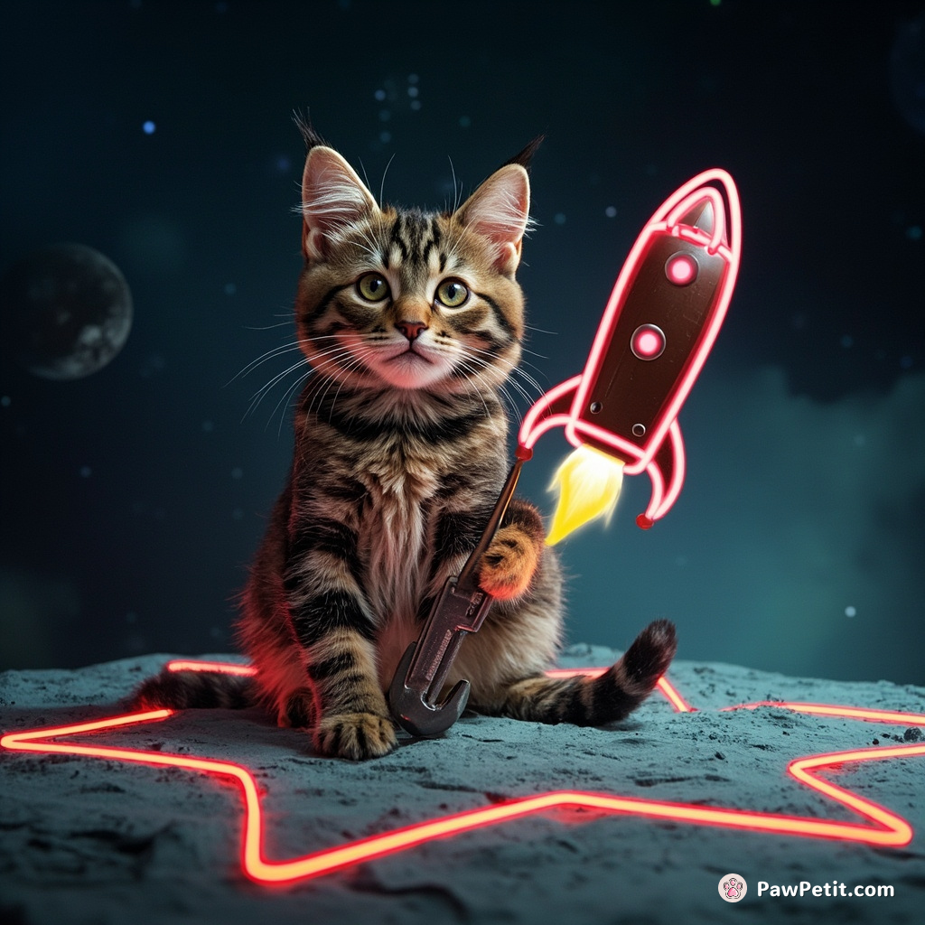 A tabby cat diligently fixing a neon rocket ship with an oversized monkey wrench on a star-shaped asteroid.