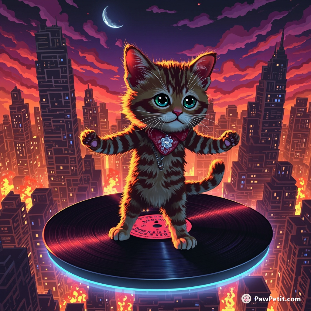 Cat performing a salsa dance on a floating vinyl record above an inferno-lit cityscape.