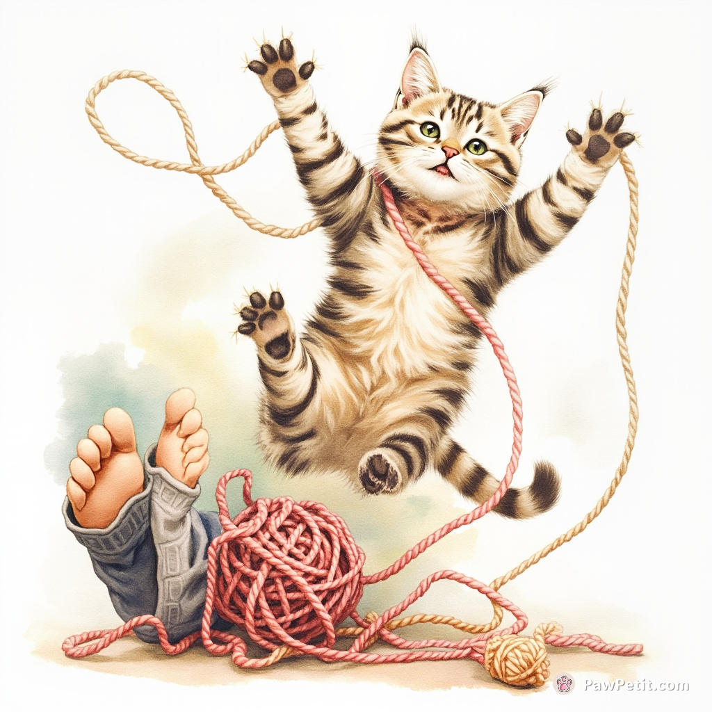 Cat leaps, claws out, scrambling to escape the chaotic tangle of yarn and human feet.