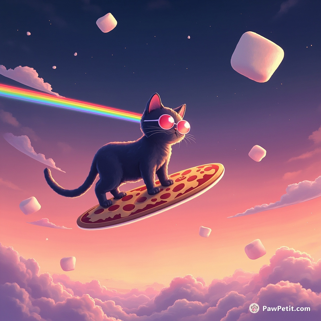 Rainbow laser-eyed cat surfing on a pizza through the twilight marshmallow sky.