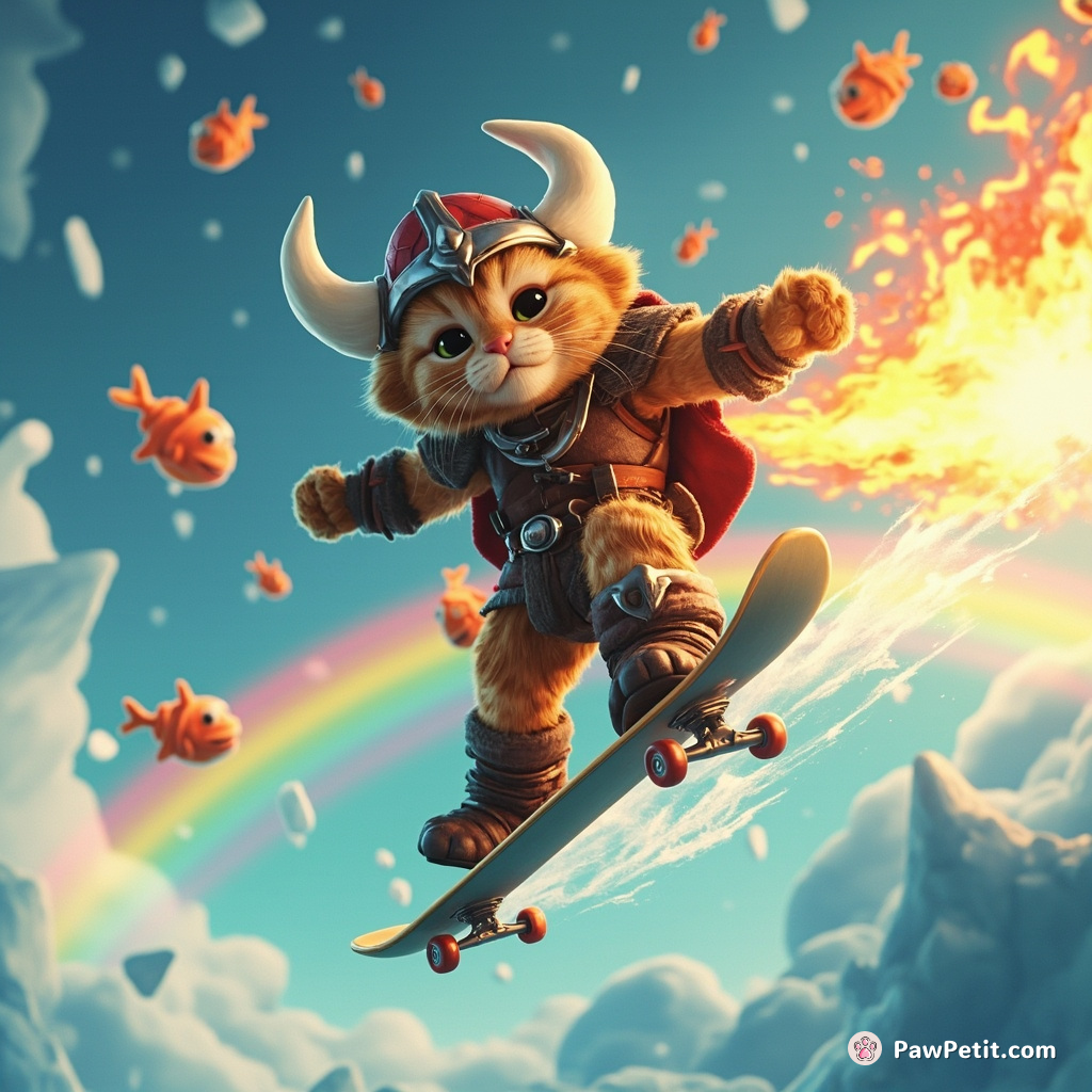 A Viking warrior cat leaping over a rainbow on a skateboard, while breathing out ice flames towards floating fish aliens from Mars.