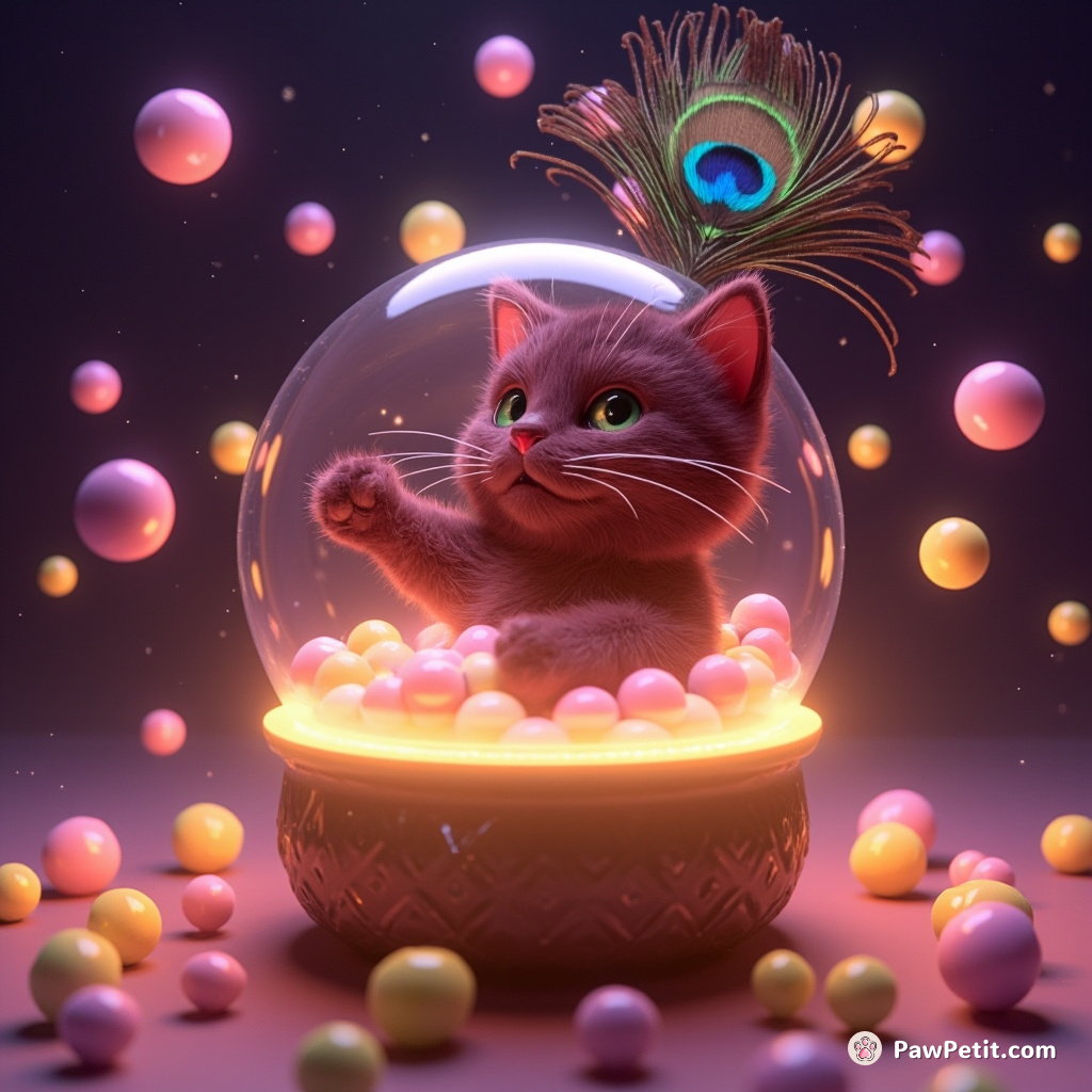 A maroon cat with peacock feathers juggling candy-filled meteors inside a luminescent music box.