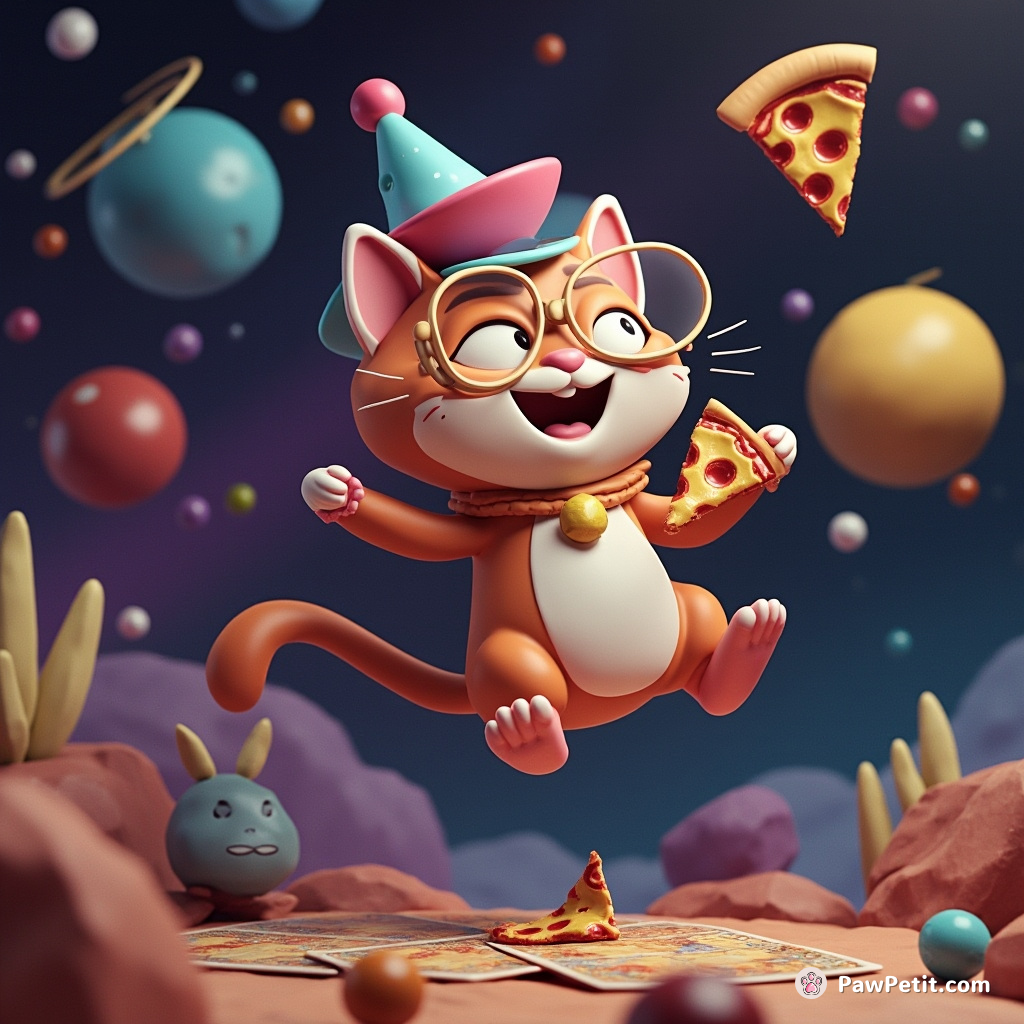 A psychic cat floating in space, reading the fortunes of alien wildlife using ancient pizza slices as cosmic tarot cards.