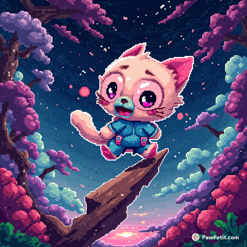 Pixie, the cyber feline, roams across pixelated landscapes—phasing through codes, her swipe reforming damaged digital ecosystems.