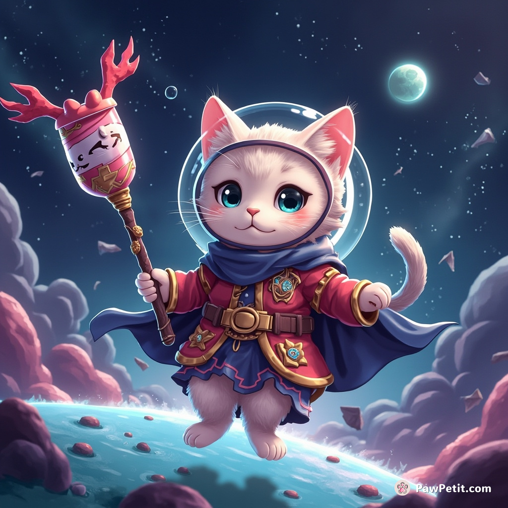 Space-faring cat casting a spell with celestial tuna staff on alien planet.
