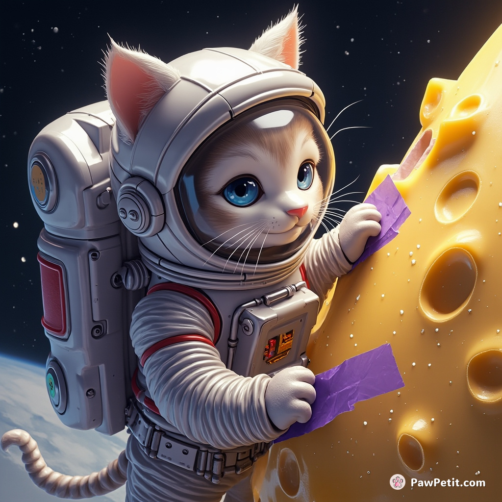 A silver astronaut cat fixing a glittering cheese moon with purple duct tape.
