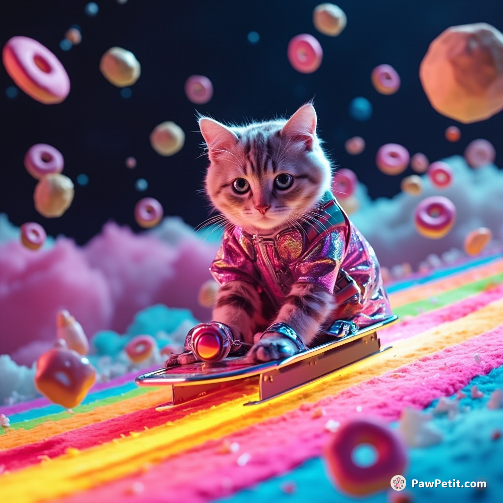 A cybernetic cat feline bobsledding on a rainbow tract in an asteroid field, deftly maneuvering around floating donuts and milk bottles, wearing radiantly illuminated disco outfit.