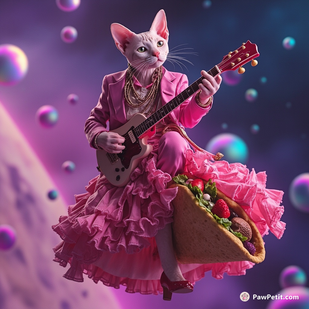 A pink sphynx cat performing flamenco on a floating taco in space, surrounded by iridescent bubbles.