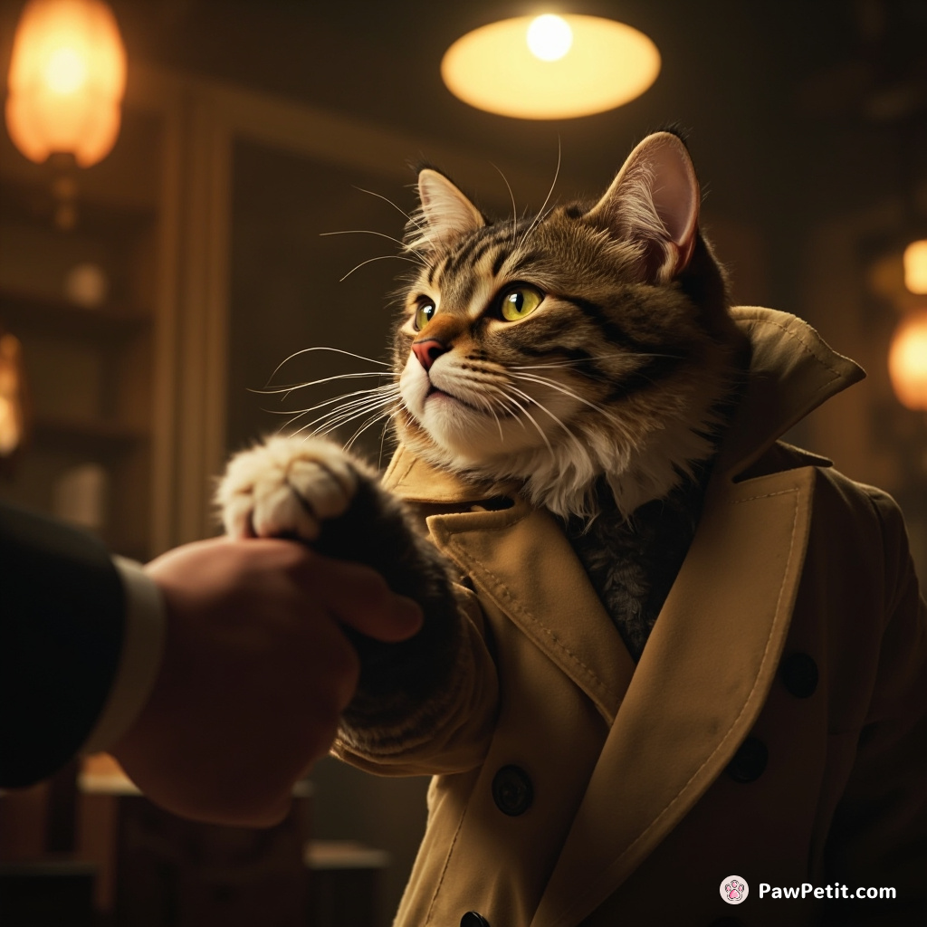 The cat, wearing a trench coat, attempts to "shake hands" by batting at people's fingers with its paw.