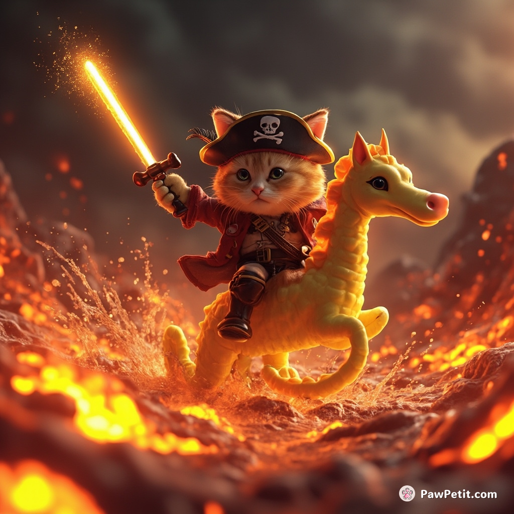 A fearless pirate cat riding a fluorescent seahorse in a sea of molten lava, swinging a pizza slice sabre.