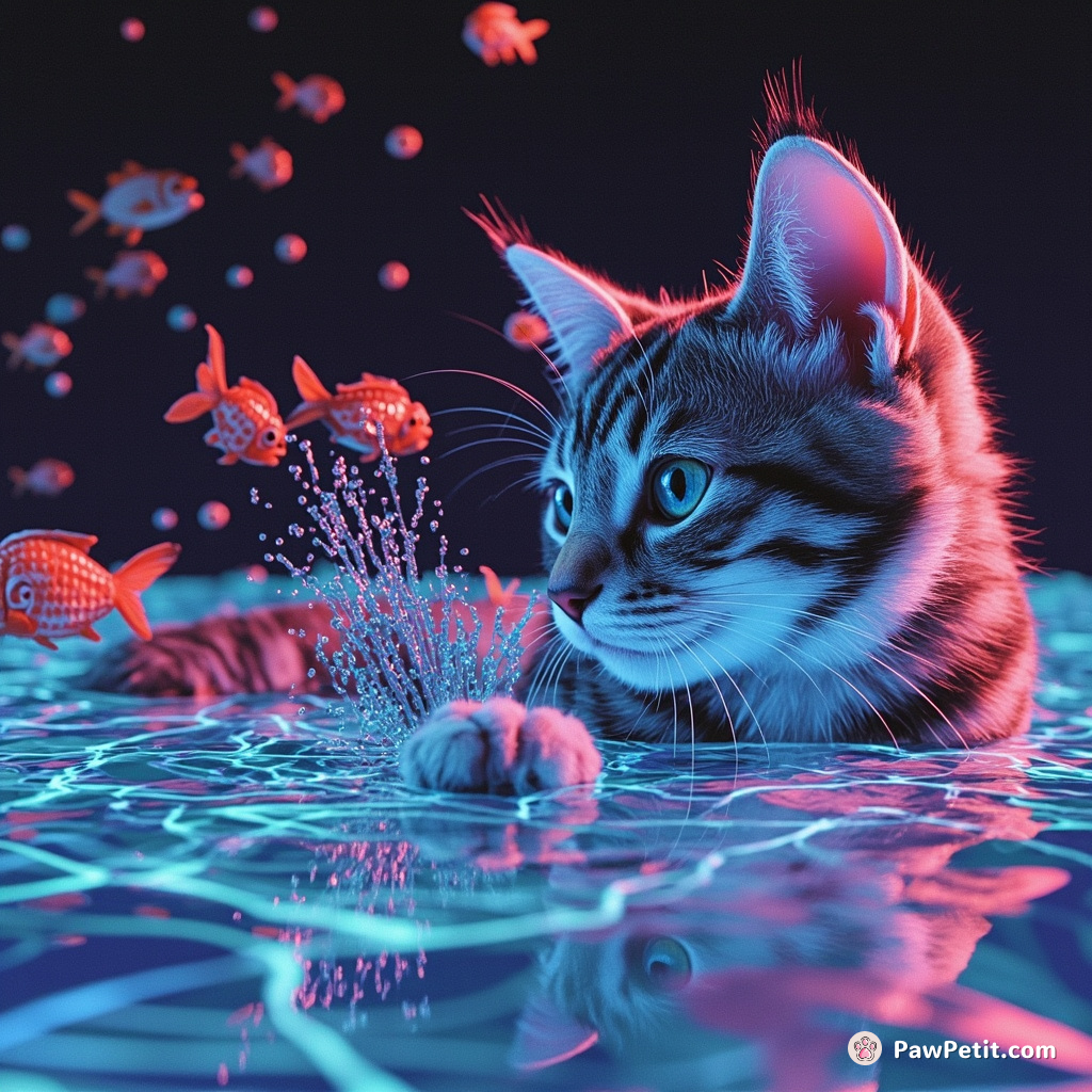 A cybernetic cat swatting at pixelated fish in a glitched, digital ocean.