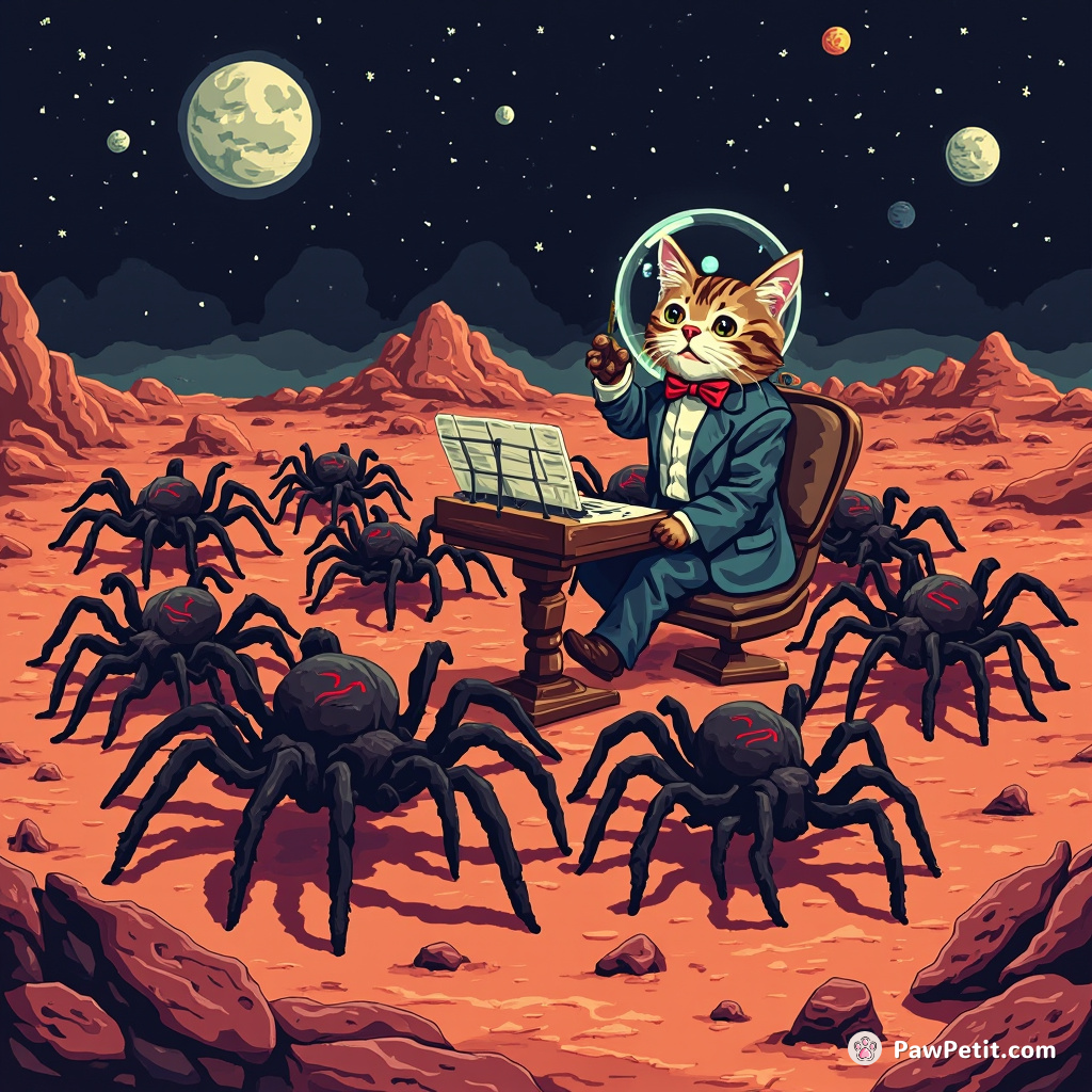 Cat conducting a symphony orchestra of giant tarantulas on Mars.