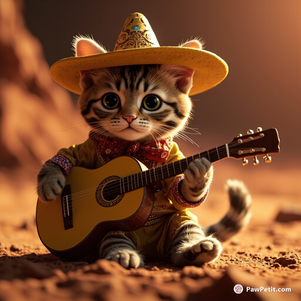 Cat playing a flamenco guitar in a mariachi band on Mars.
