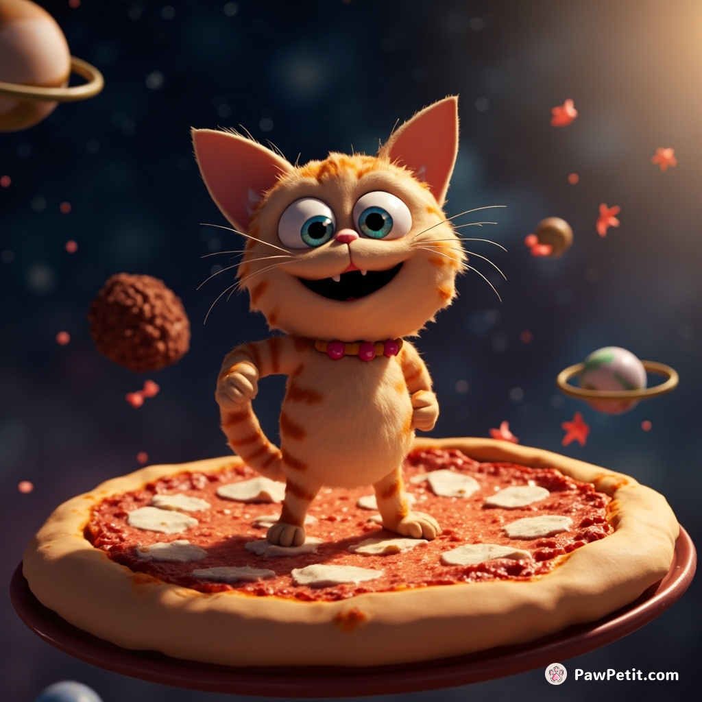 Cat tap dancing on a pepperoni pizza in outer space.