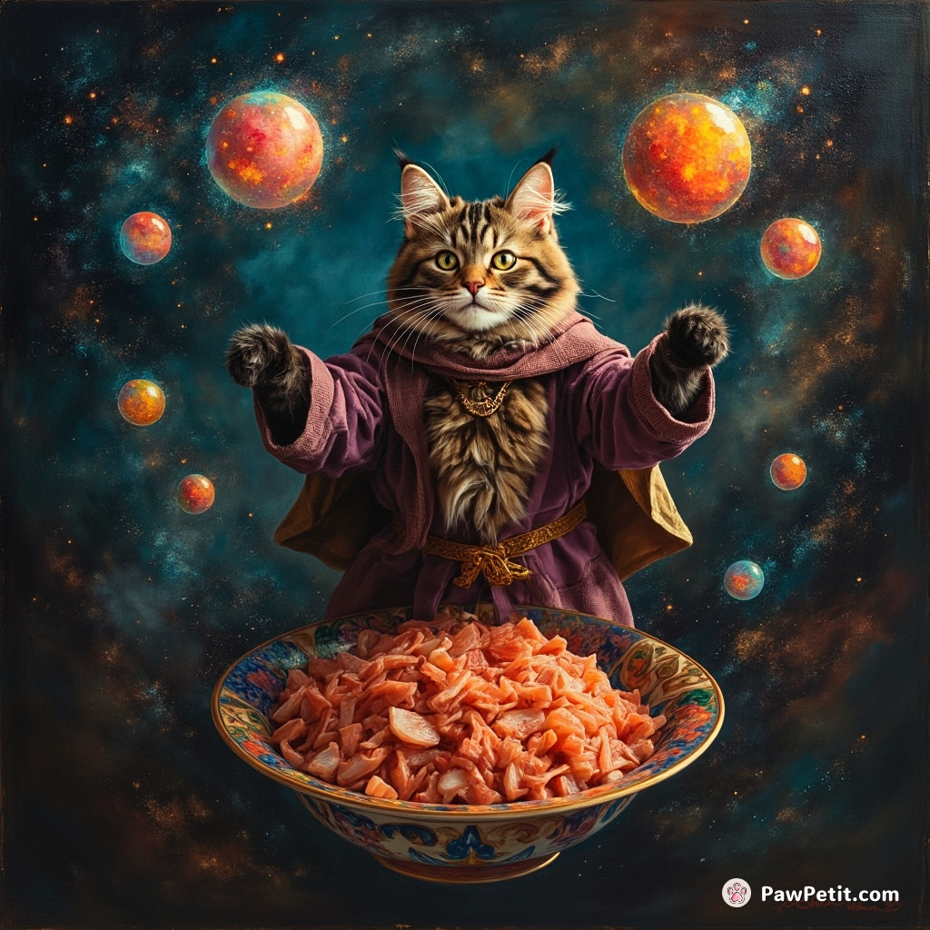Cat in a wizard robe expertly juggling neon galaxy orbs atop a flying bowl of chopped sashimi.