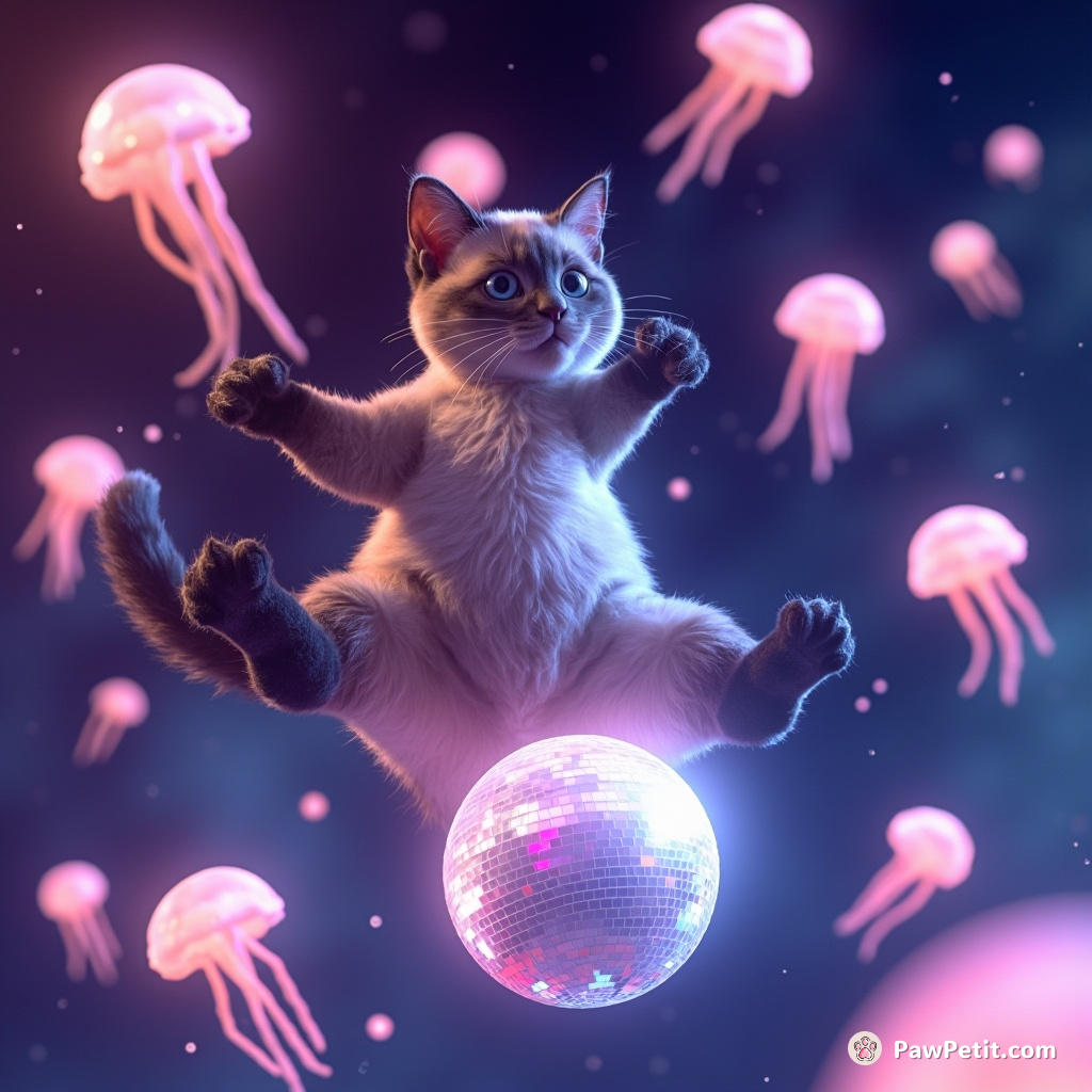 A Siamese cat breakdancing on a disco ball floating in zero gravity space, surrounded by neon jellyfish.