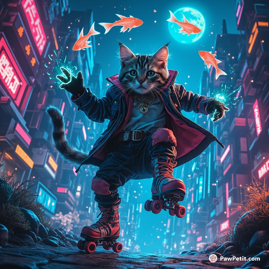 A roller-skating cyberpunk cat juggling glow-in-the-dark fish in a neon underwater cityscape.