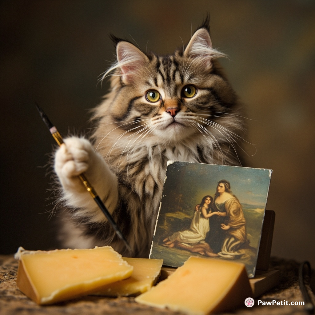 A catbrandishing a paintbrush, attempting challenging impressions of famous paintings on Esperanto cheese slices.