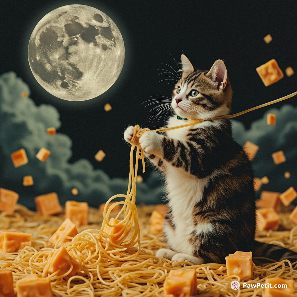 Cat using spaghetti as lasso to catch a moon made of cheese.