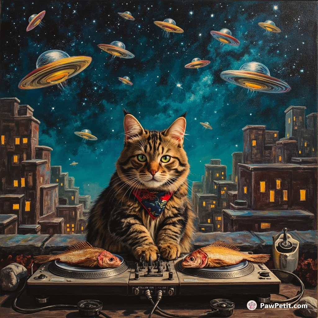 A cat DJing a rooftop party for ethereal beings using sundried fish as turntables under multiple UFO disco lights.