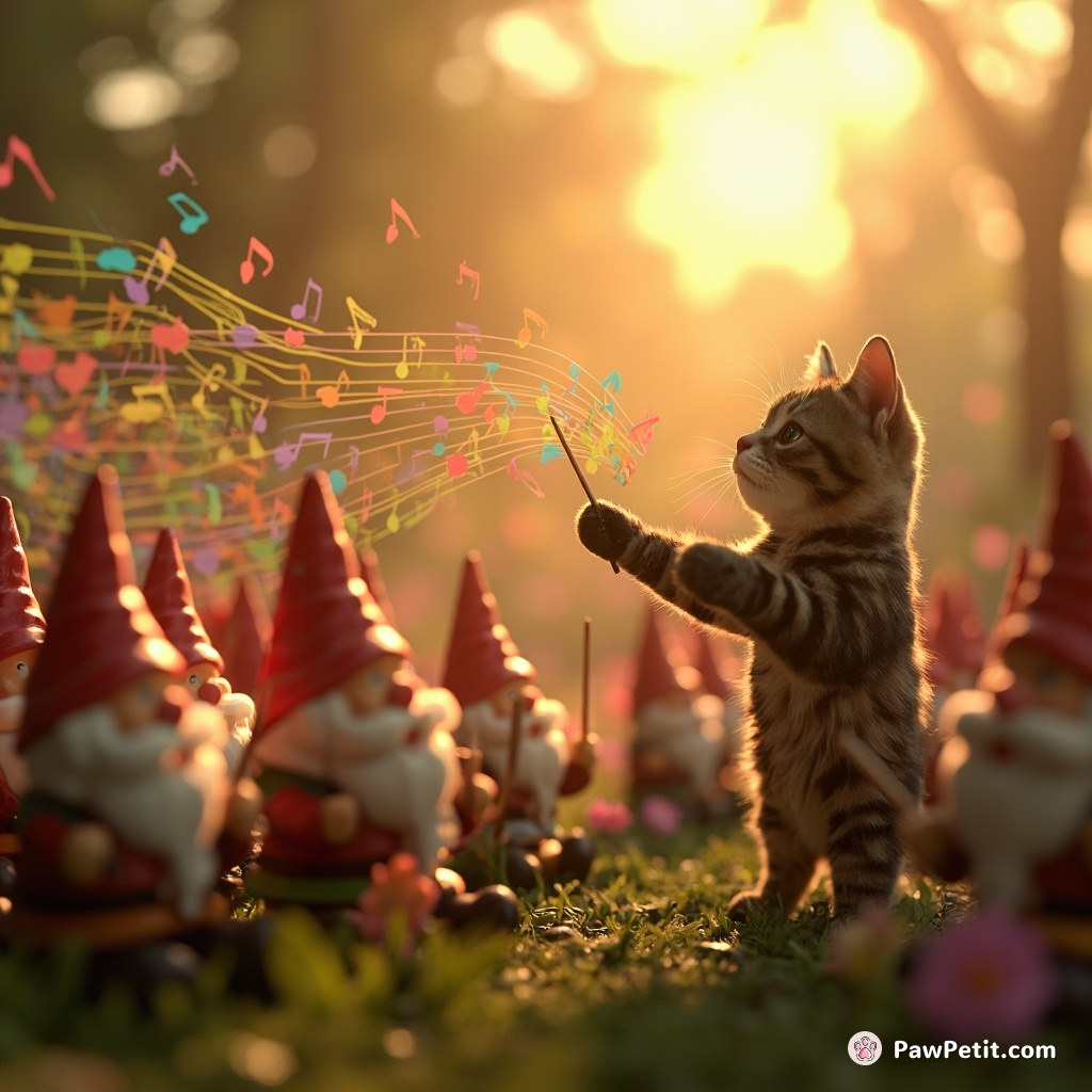A cat conducting an orchestra of garden gnomes, with music notes flowing like tangible ribbons of color in the dawn's first light.