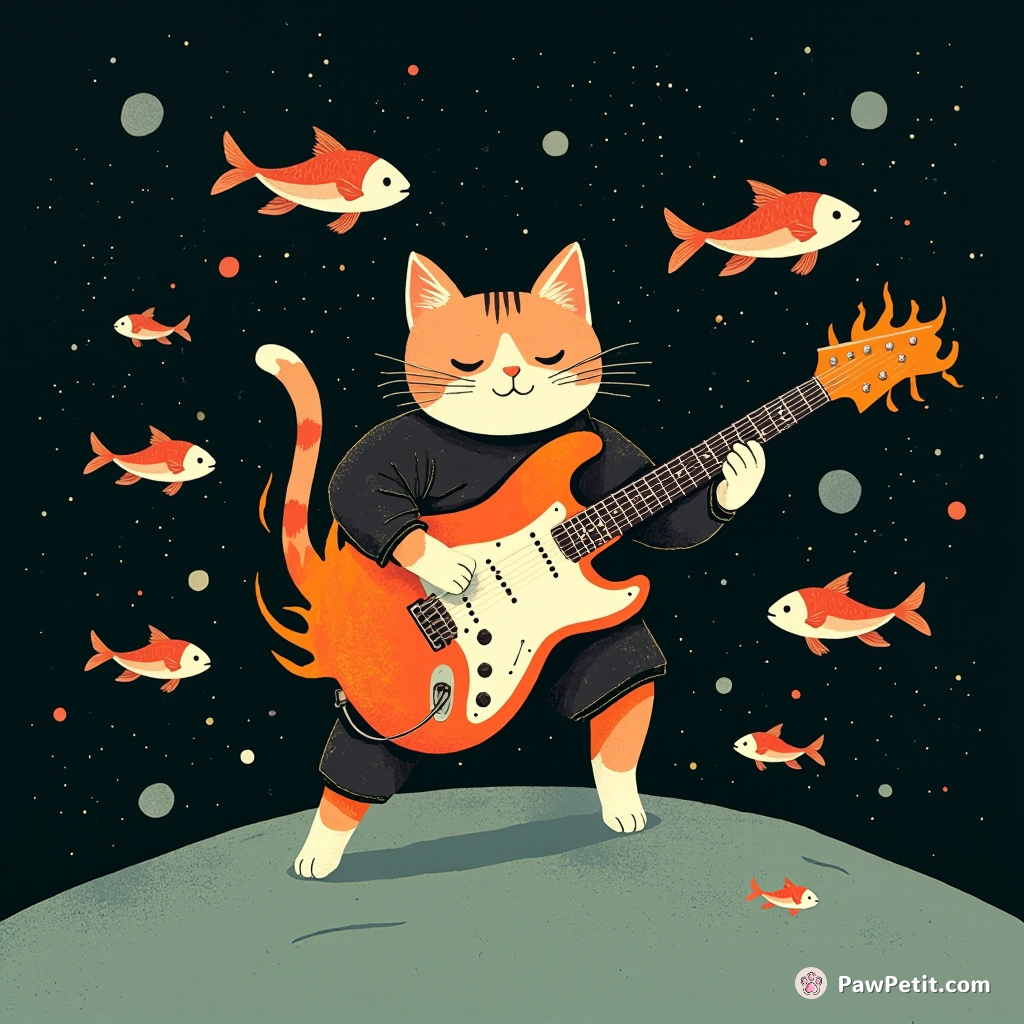 Cat playing a flaming electric guitar surrounded by floating fish in outer space.