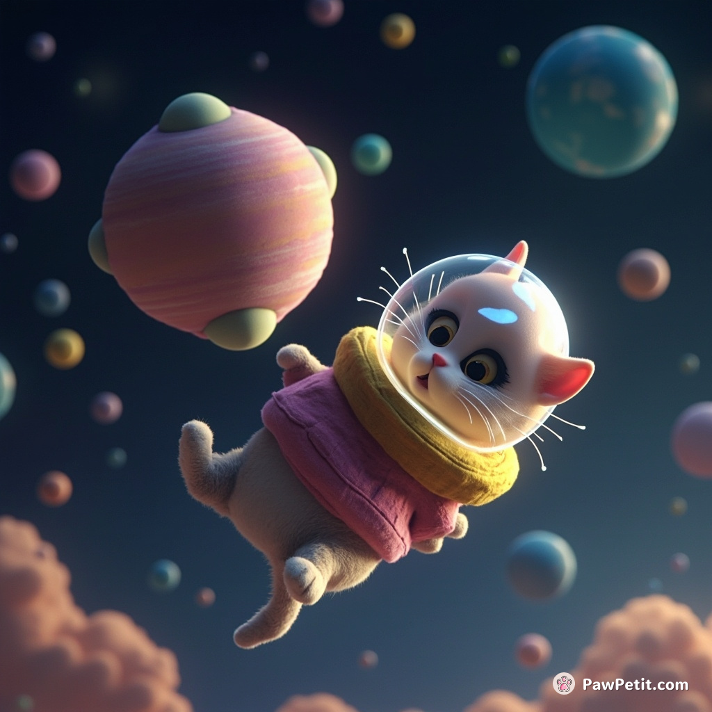 A cosmic cat using celestial bodies as playground equipment in zero gravity.