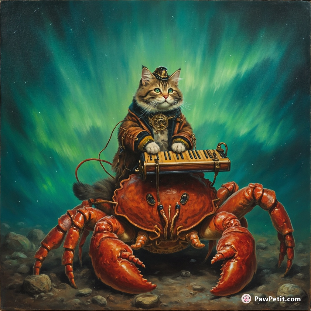Steampunk cat playing a theremin on top of waddling prawncrab hybrid under aurora borealis sky.