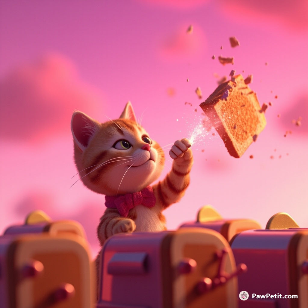 Cat orchestrating a symphony of popping toasters under a neon pink sky
