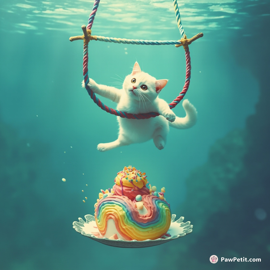Cat performing a thrilling trapeze act over a dessert made of rainbows in an underwater circus.