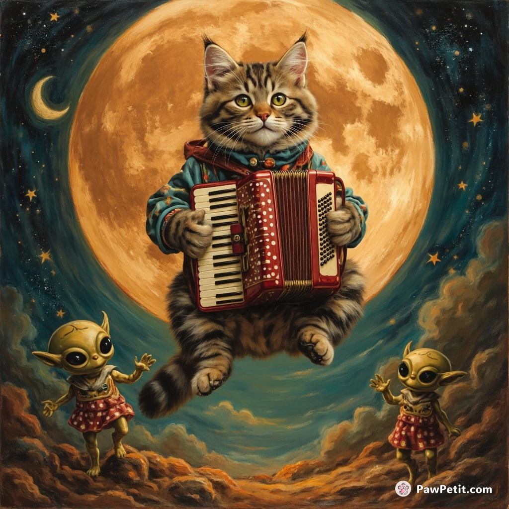 A cat levitating over a cinnamon moon, playing a polka-dot accordion and singing nursery rhymes to enchanted aliens.