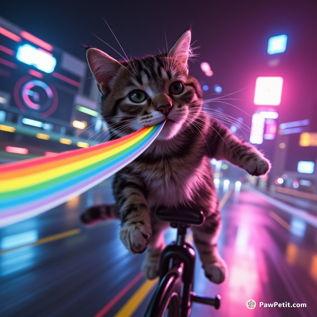 Cat flossing its teeth with a rainbow on a unicycle racing against time in an outer-space derby.