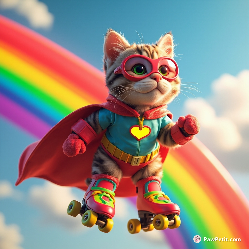 A cat sliding down a rainbow, wearing neon roller skates and a superhero cape.
